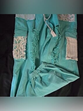 POL Teal Crochet-Trim Casual Pants